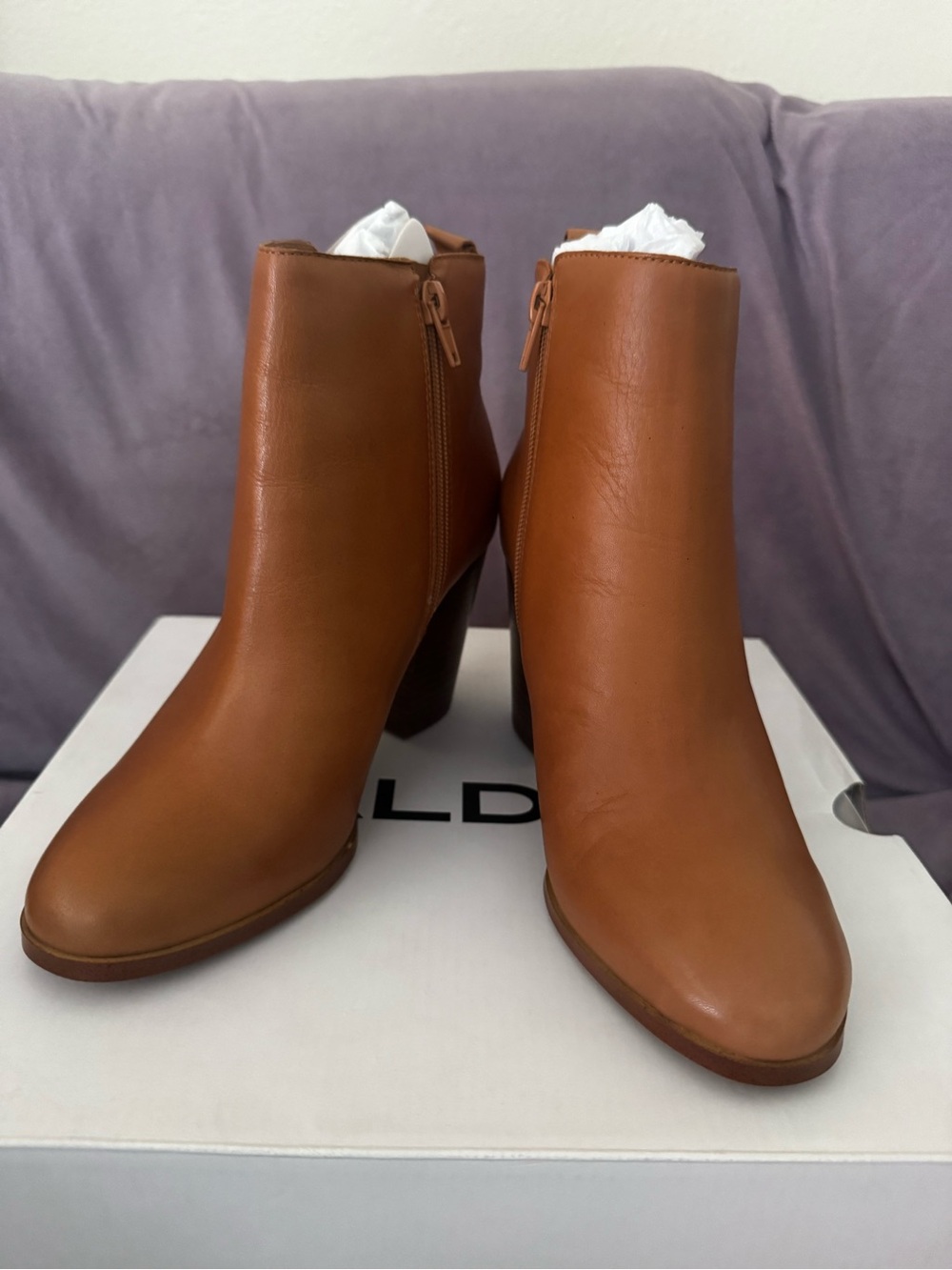 Aldo Cognac Tan Leather Block Heel Ankle Boots with Gold Zipper - Picture 2 of 4